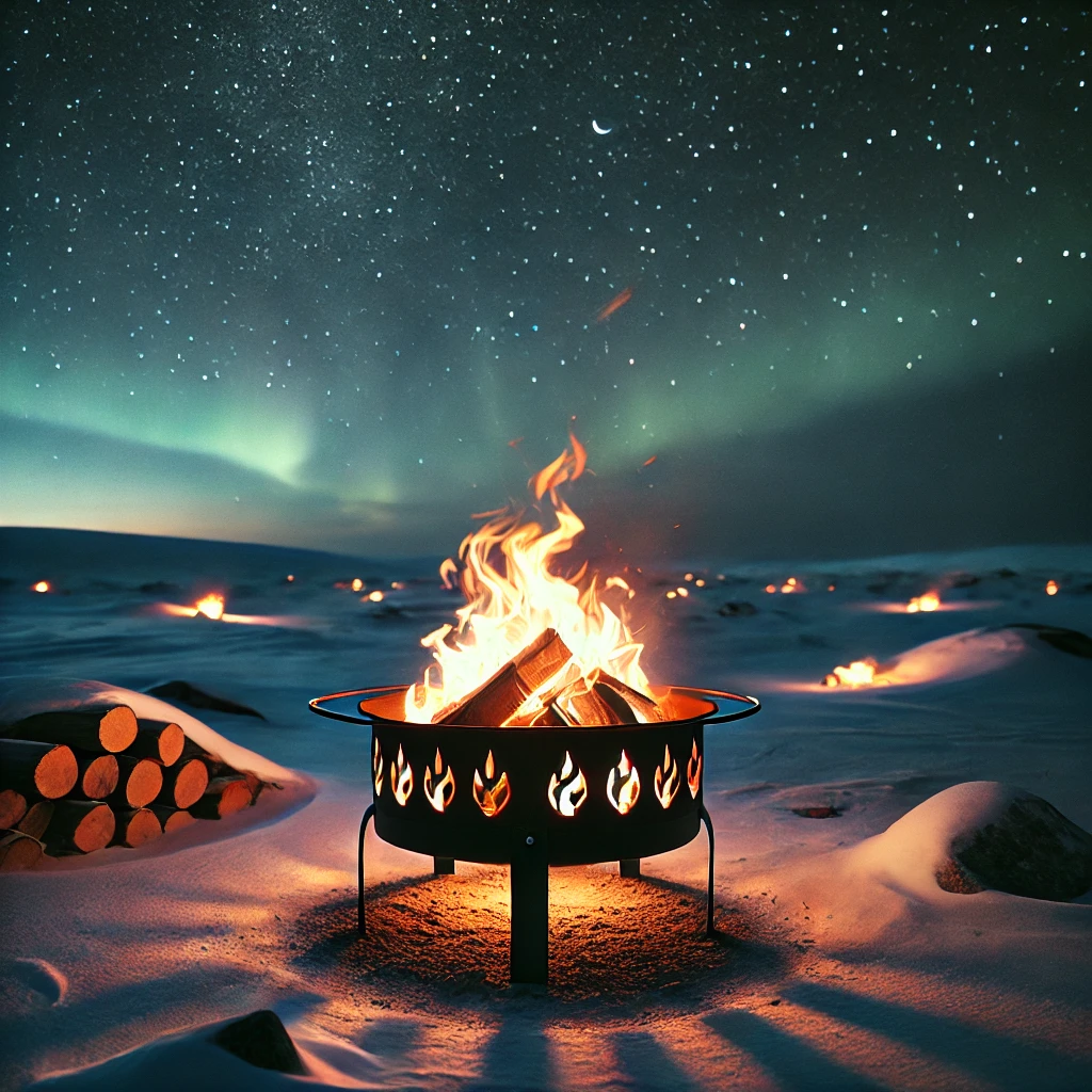 DALL E 2025 01 09 11 11 04 A cozy winter scene featuring a bonfire in a fire pit bålpanne set in an open Arctic landscape during the polar night The fire pit has a sturdy met